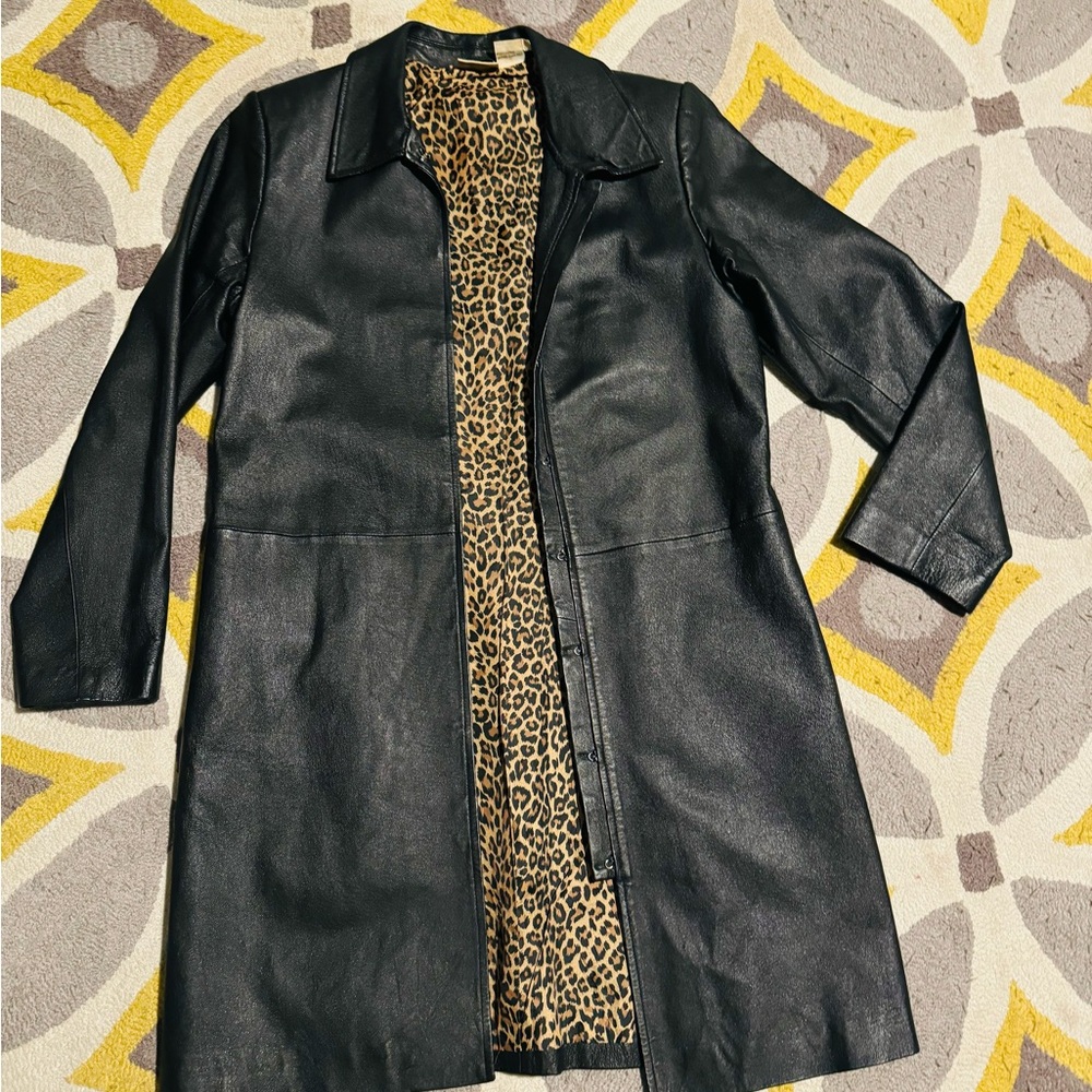 Black Leather Jacket with Leopard Print Lining